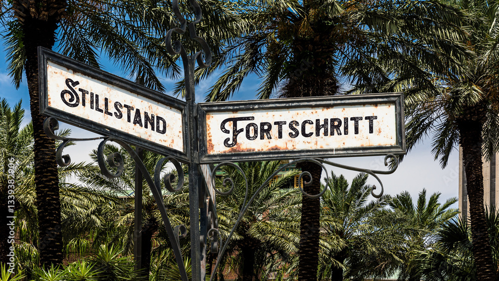 Fototapeta premium Signposts the direct way to Progress versus Standstill