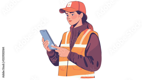 A digital illustration depicting a young woman wearing a safety vest and cap, using a smartphone. The style is flat vector illustration with clean lines and a minimalist approach. The color palette