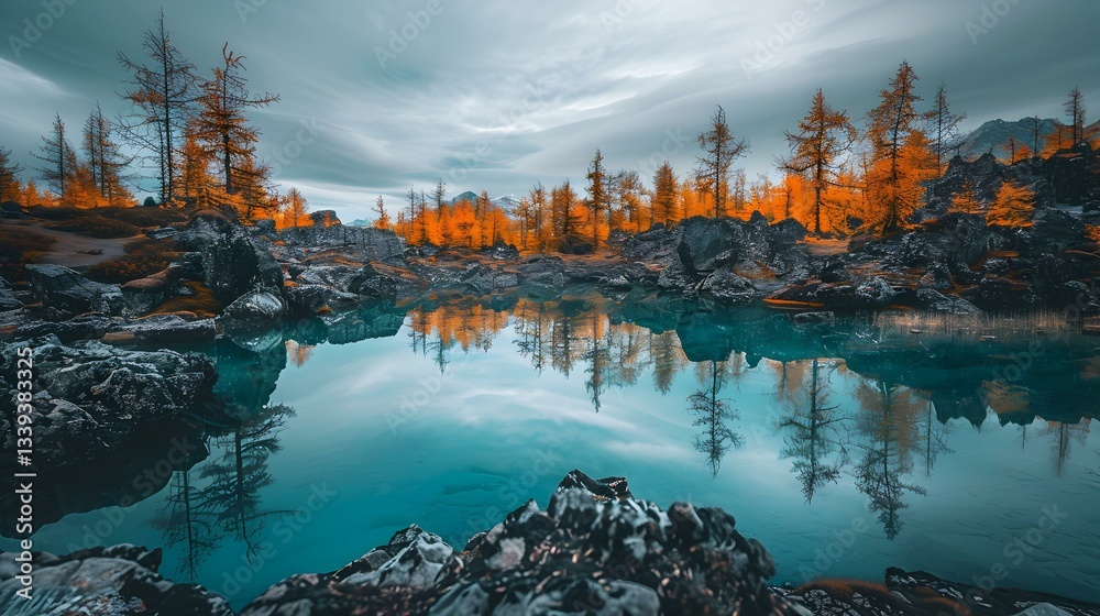 Naklejka premium Serene mountain lake reflects vivid autumn trees under a cloudy sky. Rocky foreground adds depth.