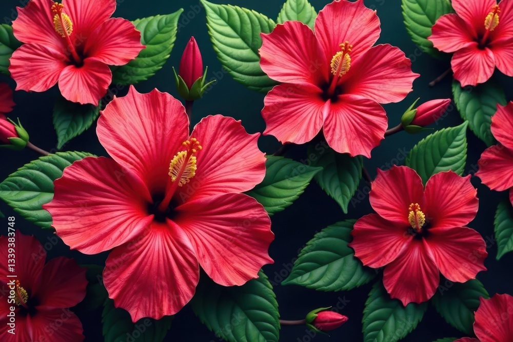Obraz premium Bold, vibrant hibiscus blooms in a tropical, densely packed repeat , pattern, repeat