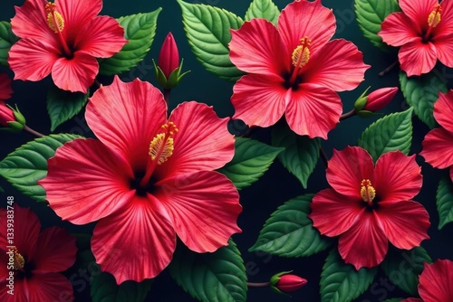 Bold, vibrant hibiscus blooms in a tropical, densely packed repeat , pattern, repeat