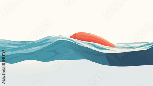The image is a minimalist illustration featuring an abstract representation of a wave in shades of blue and teal.  A smaller, orange, organic form rests atop the wave. The style is clean and