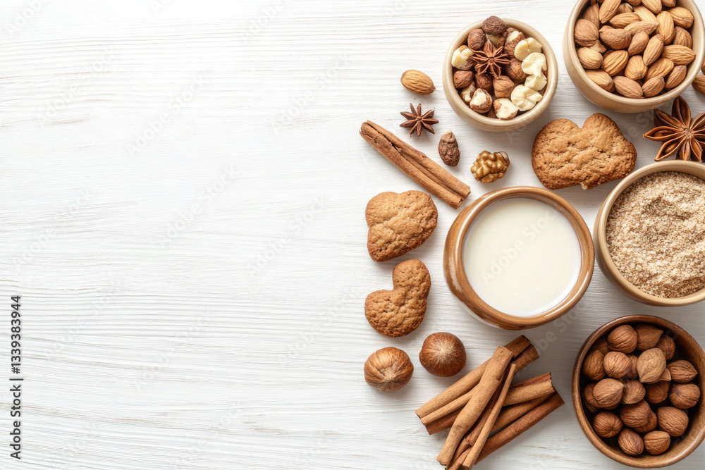Delicious Heart-Shaped Cookies Baking Ingredients on White Wood