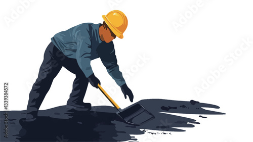 A stylized vector illustration depicting a construction worker wearing a yellow hard hat and dark blue overalls. The worker is bent over, using a long-handled tool to apply dark, textured tar or