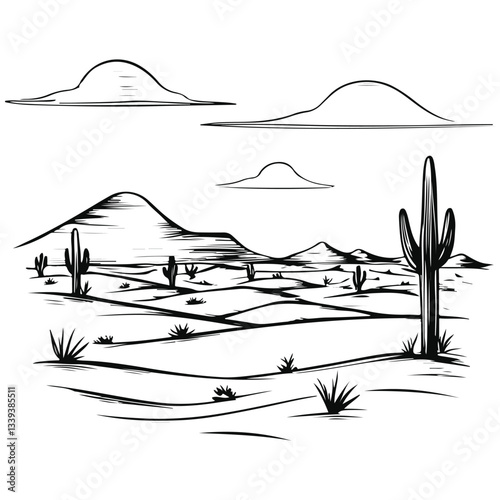 landscape with desert and cactuses sketch illustration