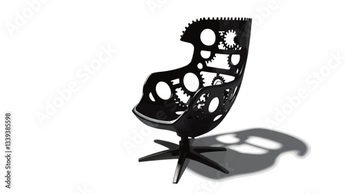 The image shows a three-quarter view of a black chair with an abstract design. The chair appears to be made of a dark material with a cut-out or perforated pattern forming circular shapes