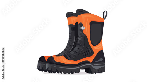 A pair of safety boots is shown on a white background. The boots are predominantly orange with black accents. They are high-top boots with a rugged sole and appear to be made of durable material.