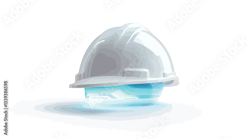A digital rendering of a white hard hat with a bright blue energy glow emanating from the base. The hard hat is depicted in a clean, minimalist style against a white background. The lighting is