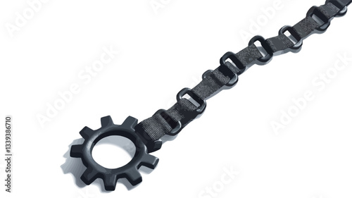 Close-up shot of a black gear connected to a black strap with evenly spaced circular elements. The image is sharply focused with a high contrast between the dark objects and the bright white