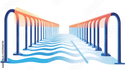 The image is a stylized illustration of pool lane markers.  The markers are rendered in shades of blue and orange, with a perspective that leads the viewer's eye towards the vanishing point. The