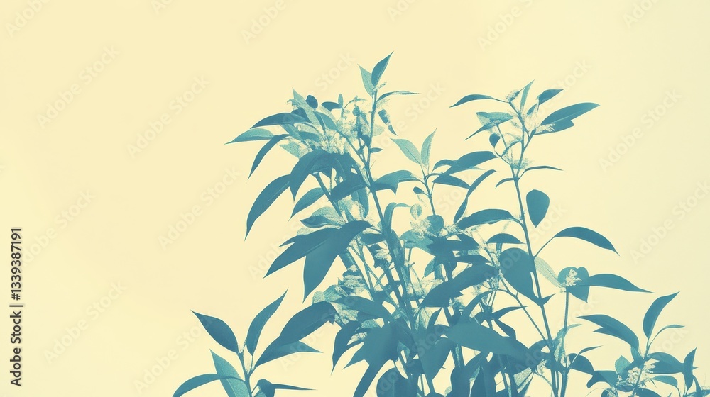 Naklejka premium Green leafy plant branches against a soft yellow background