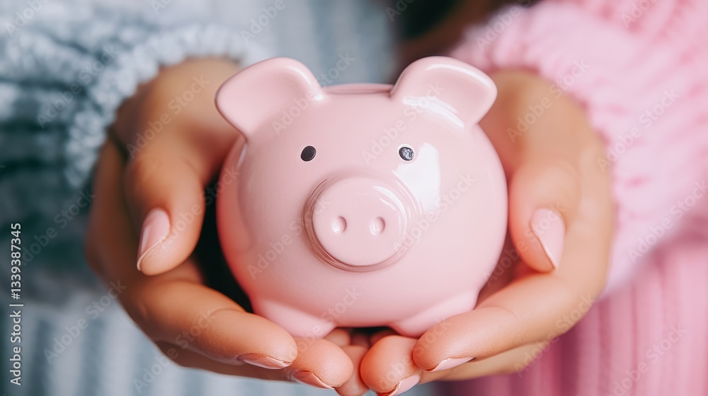 Pink Piggy Bank in Gentle Hands: A Symbol of Savings and Financial Security Pink Piggy Bank in Gentle Hands: A Symbol of Savings and Financial Security