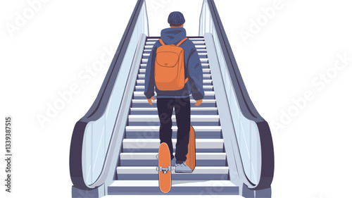 A vector illustration depicting a young person with a bright orange backpack and a skateboard, walking up an escalator. The style is simple and minimalist with a clean background. The person's face