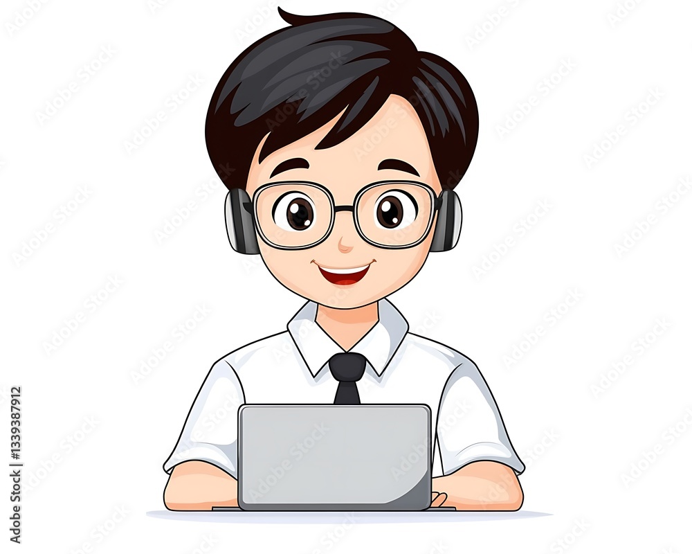 Happy boy online learning, home, laptop, white background, education Happy boy online learning, home, laptop, white background, education