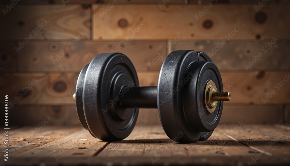 Black dumbbell resting on wooden surface Black dumbbell resting on wooden surface