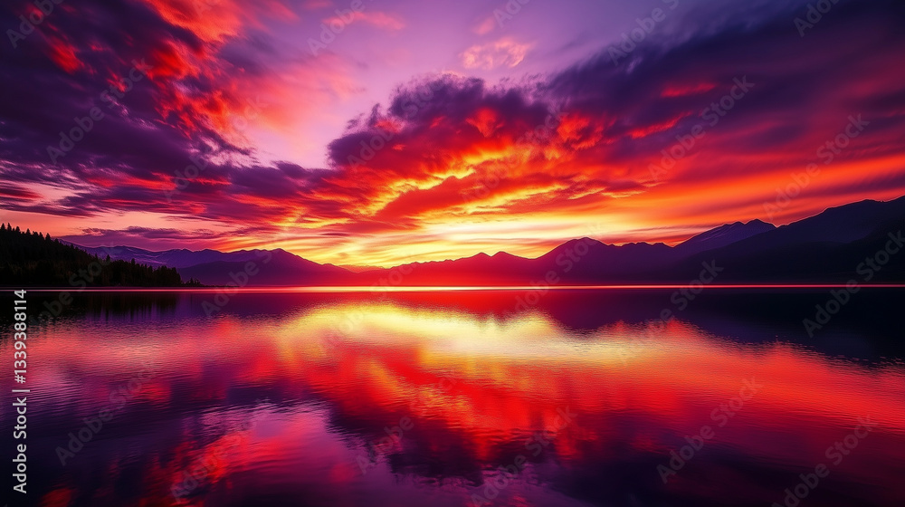 Fototapeta premium A vibrant sunset over a serene lake, where fiery red and deep purple clouds stretch across the sky, mirrored in the water below