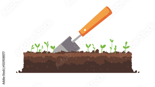 A digital illustration depicts a small gardening trowel with an orange handle partially inserted into dark brown soil.  Several small green seedlings are sprouting from the soil, both around and
