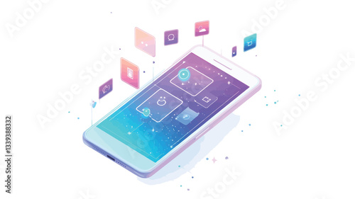 Isometric illustration of a smartphone with a vibrant gradient color scheme (pink, purple, blue). The screen displays various app icons and interface elements, suggesting functionality and