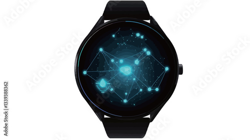 Close-up studio shot of a black smartwatch with a circular face displaying an abstract geometric design. The design features interconnected nodes and lines emitting a cyan or light blue glow