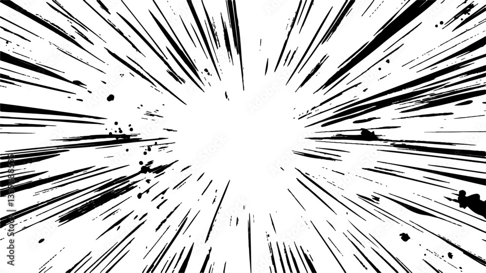 Naklejka premium Bokeh black lines on white transparent background. Vector circular starburst explosion texture. Distressed uneven grunge background, cover template set with comic speed line effect.