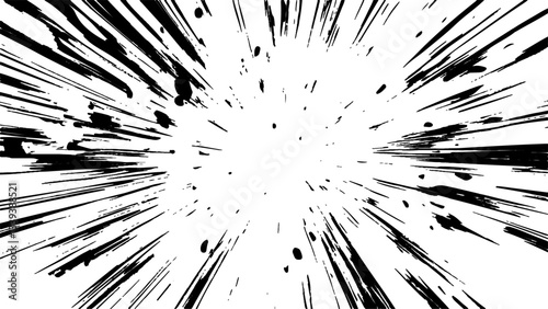 Bokeh black lines on white transparent background. Vector circular starburst explosion texture. Distressed uneven grunge background, cover template set with comic speed line effect.