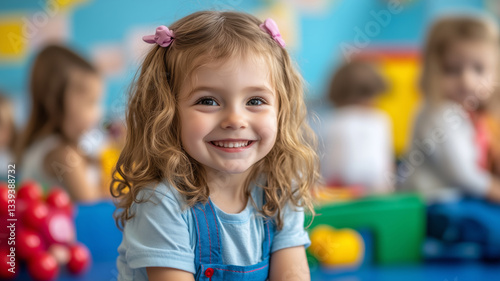 Happy children enjoying creative playtime in a colorful classroom