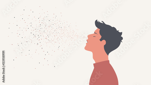 A simple vector illustration depicting a man's profile, facing right, exhaling small, dark particles into a white background. The man has short dark hair and is wearing a reddish-orange shirt.  The