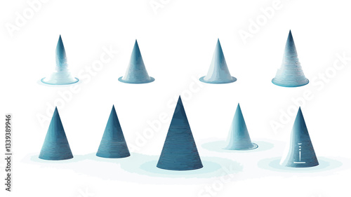The image shows ten abstract three-dimensional cones arranged in two rows on a pure white background. The cones vary slightly in size and shade of blue, exhibiting a gradient effect from a lighter