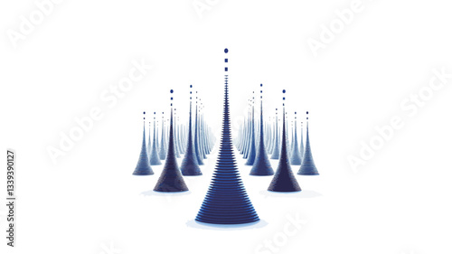The image depicts a collection of abstract conical forms arranged in a symmetrical pattern against a pure white background.  The cones vary in height and shade, transitioning from light grey-white