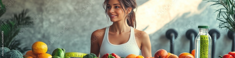 Healthy Lifestyle Concept: Happy Woman with Fresh Food and Dumbbells Healthy Lifestyle Concept: Happy Woman with Fresh Food and Dumbbells