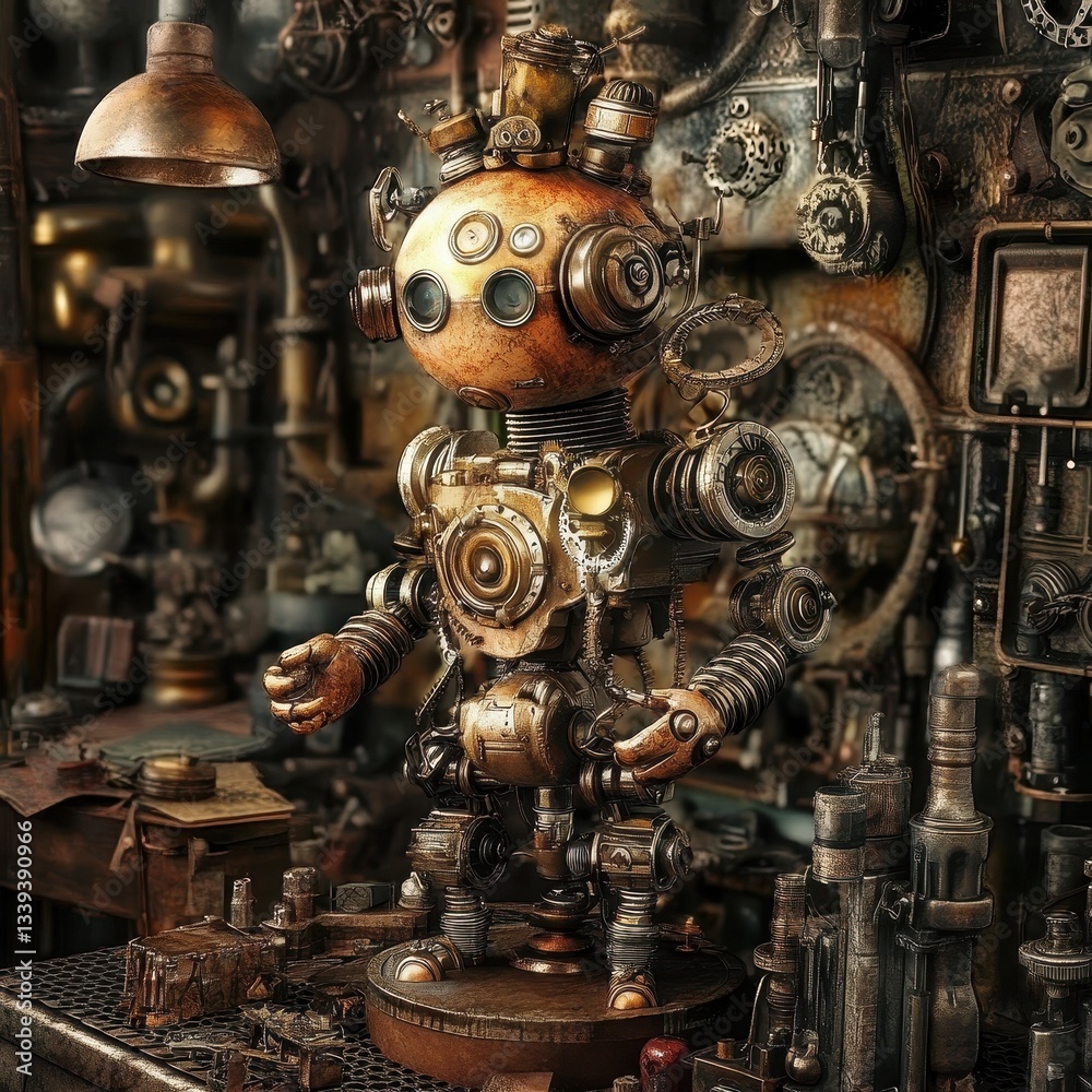 A detailed robotic figure is built from mechanical components meticulously A detailed robotic figure is built from mechanical components meticulously