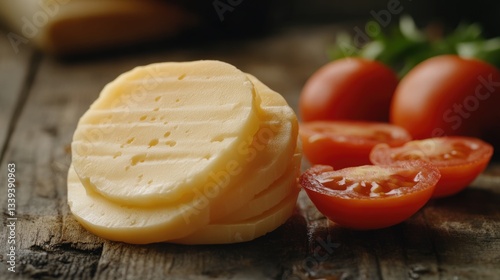 Colby Cheese: Ripe Tomatoes with Sliced Colby Cheese. Fresh Dairy Product