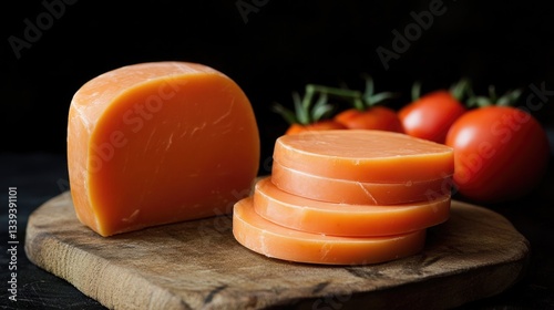 Colby Cheese. Sliced Colby Cheese with Fresh Ripe Tomatoes on Organic Dairy Product Background