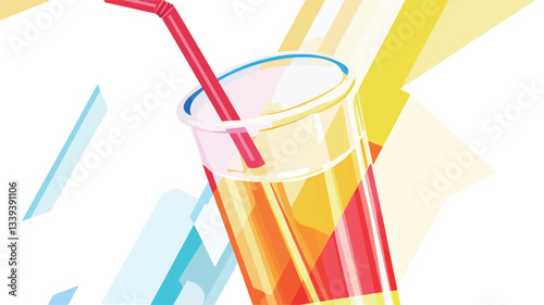 An abstract illustration depicts a drink in a clear plastic cup with a red straw.  The liquid is rendered in shades of orange and yellow, suggesting a juice or similar beverage. The background