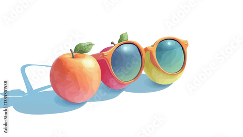A digital illustration featuring three stylized objects arranged in a row against a white background. The first object is a red-orange apple with a green leaf.  The second is a stylized, partially