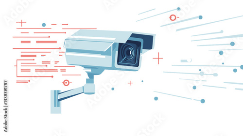 A digital illustration of a white security camera mounted on a wall.  The camera is angled slightly to the right, showing its lens and housing.  A stylized representation of a data stream,