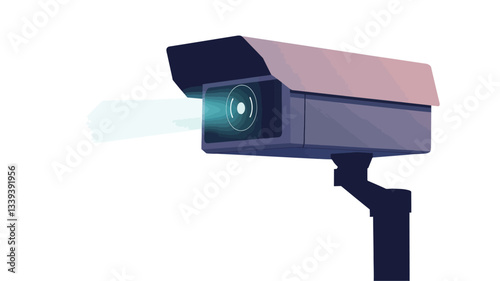 A digital illustration of a security camera. The camera is light grey/beige with a dark grey visor and is mounted on a dark grey pole. A bright blue beam of light projects from the lens. The