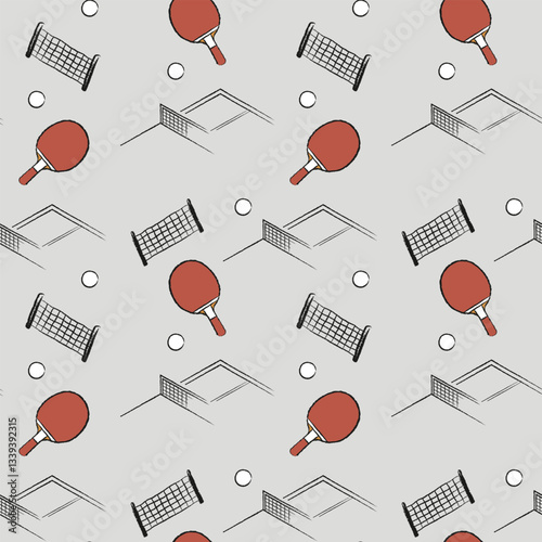 Table tennis seamless pattern. Ping Pong vector art for wrapping paper. Gray background for athletes. Seamless Pattern of Balls, table and Rackets.