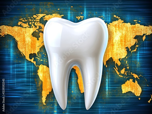 A Tooth Is Placed In Front Of A World Map On a Blue Background