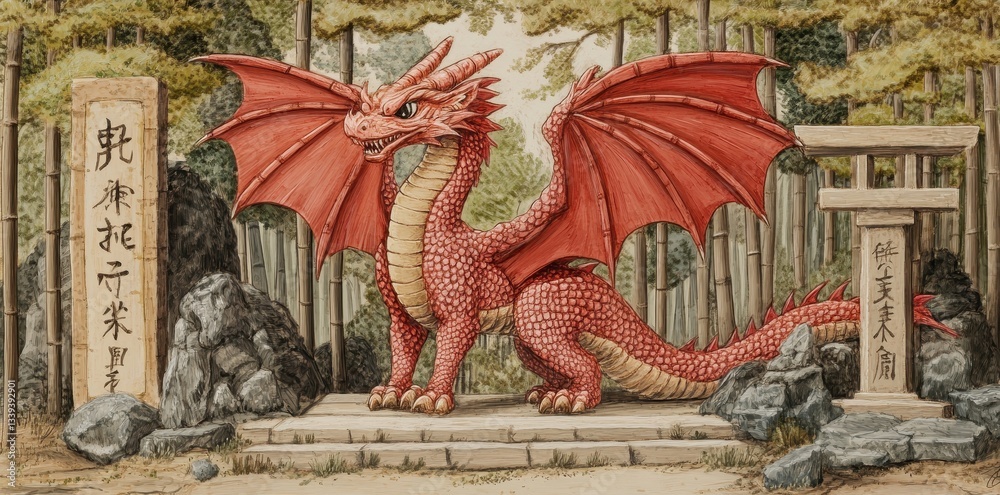 Obraz premium A Red Dragon Standing Guard Near Traditional Stone Structures