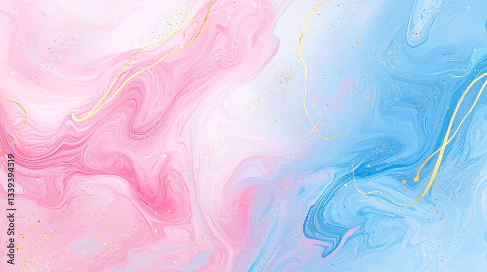 Fototapeta premium This artwork showcases a beautiful blend of pink and blue colors swirling together, enhanced with delicate gold accents to create a stunning visual effect