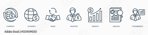 Forex banner web icon vector illustration concept with icon of currency, economy, trade, investor, growth, analysis and stockbroker 
 