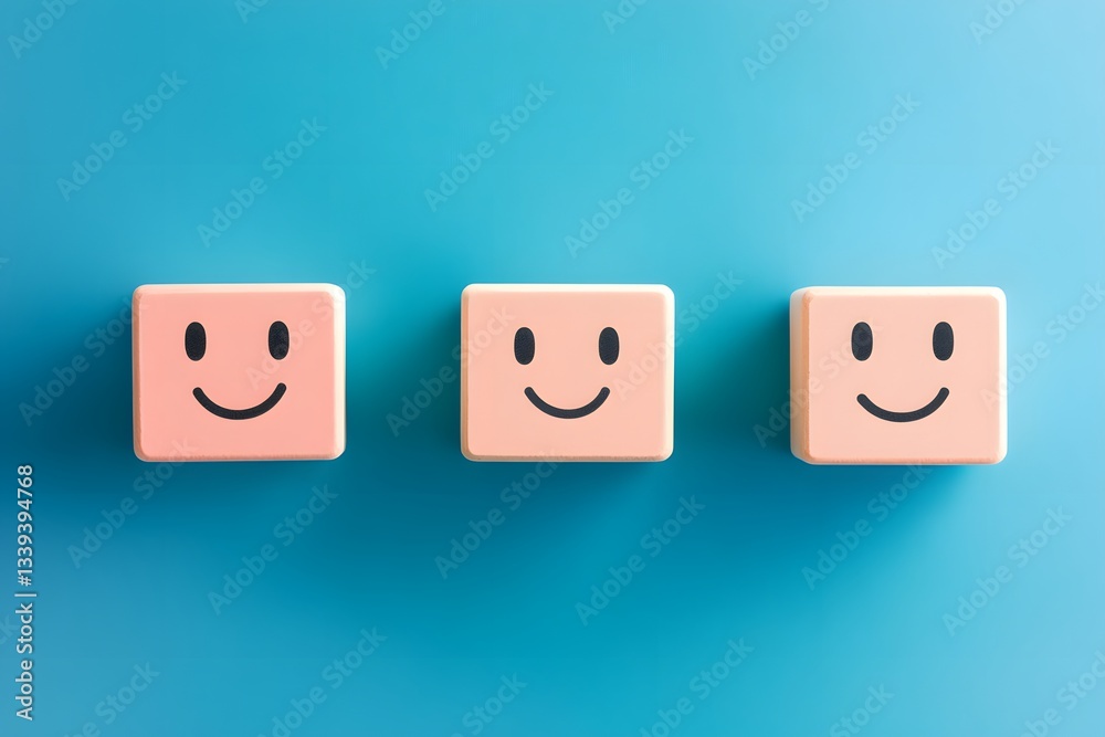 Three Happy Smiley Faces on Pink Cubes Blue Background Three Happy Smiley Faces on Pink Cubes Blue Background