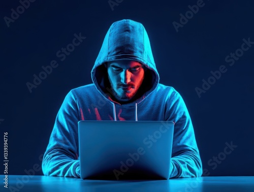 Mysterious hacker downloading climate files under dim blue lighting, secrecy and conspiracy theme