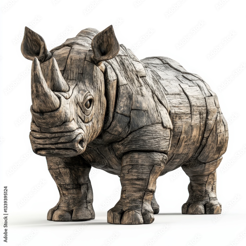 Fototapeta premium A matte charcoal rhino, with rugged textures and a powerful stance, standing firmly on a white background.