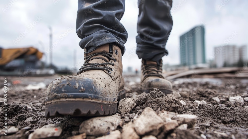 Close-up of muddy work boots on a construction site, with buildings and machinery in the background Close-up of muddy work boots on a construction site, with buildings and machinery in the background