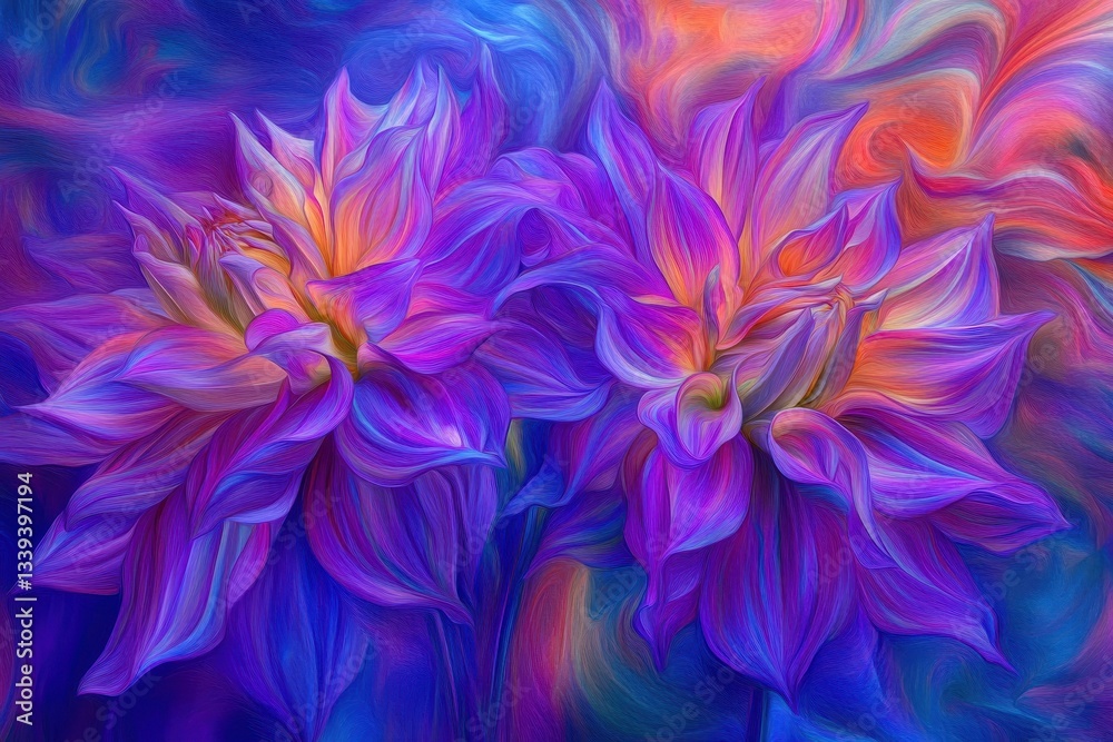 Two colorful flowers bloom vibrantly with artistic painterly strokes