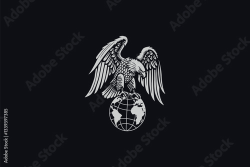 A majestic eagle with its wings spread wide, perched atop a globe. The eagle appears to be in a detailed, intricate design, with its feathers meticulously depicted. 
