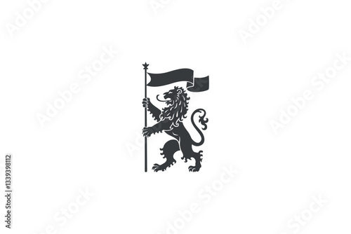 A black silhouette of a lion standing upright on its hind legs. The lion is holding a flagpole with a flag attached to it. The flag appears to be a simple rectangular banner.