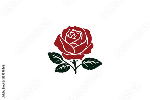 A vibrant red rose with intricate petal details. The rose is accompanied by two dark green leaves, one on each side